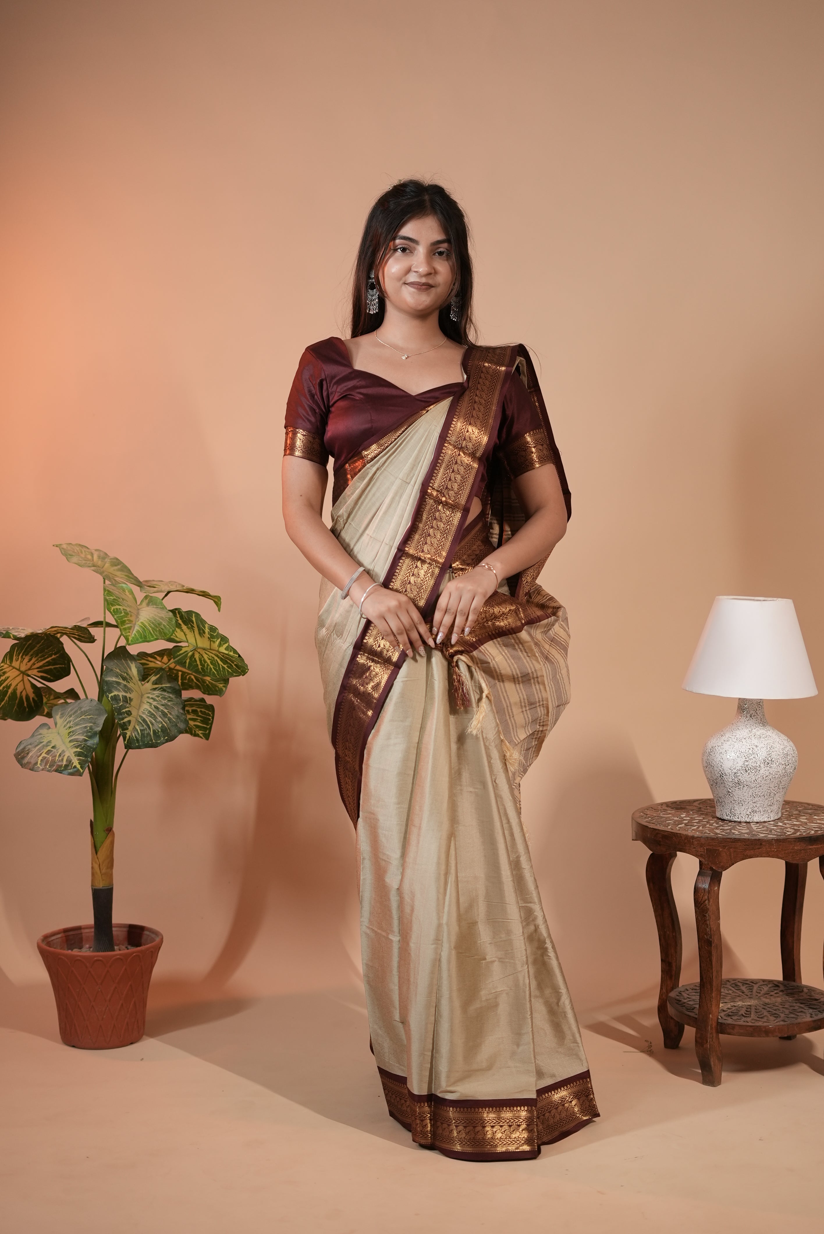 Off White Semi Silk Cotton Saree for Women